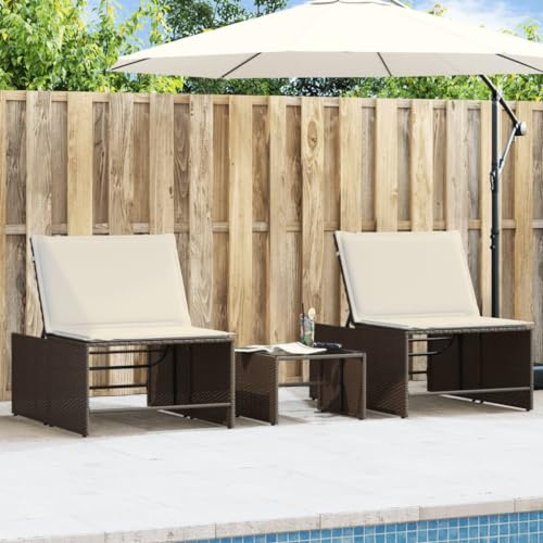 QUAHEAS Sonnenliegen 2er Set mit Tisch, Braun, aus Polyrattan, UV-beständig, 4-Fach verstellbar, für Garten, Terrasse und Poolbereich, inklusive Kissen
