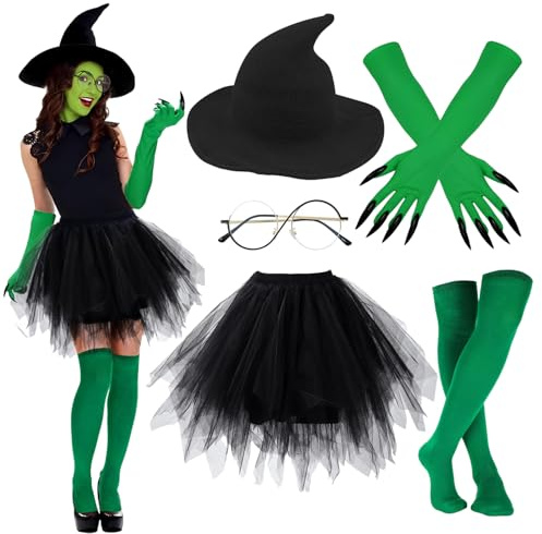 LXWINNER Disfraz bruja Mujer Halloween, Adulto Disfraz de Bruja, Falda Tutú Gorro Bruja y Medias, Gafas, Guantes Disfraces Halloween Witch Costume Adulto Disfraces Carnaval Cosplay