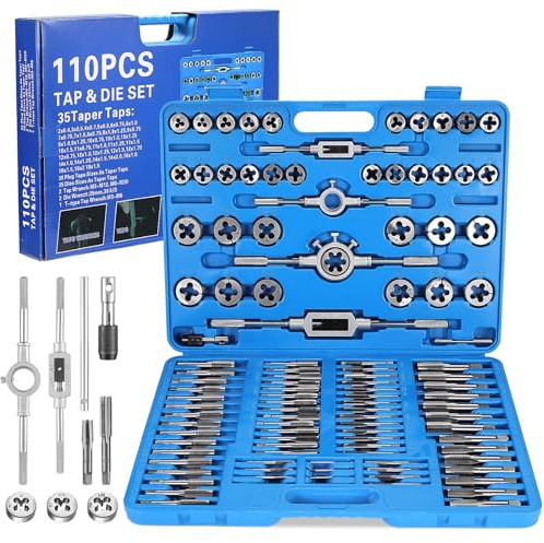 Gueenky 110 Piezas Juego de Terrajas y Machos, M2-M18 Métrica Juego de Machos y Terrajas de roscar Herramienta para Roscar para Cortar Roscas Internas Externas