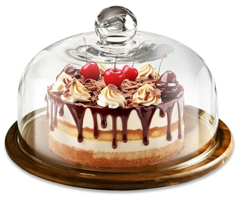 10 Inch Cake Stand with Dome Lid, Wood Cake Stand with Lid, Cakes Display | Moisture-proof | Stain-resistant | Cakes Stands with Wooden Tray & Glass Dome | Ideal for Birthday Wedding Party Anniversary