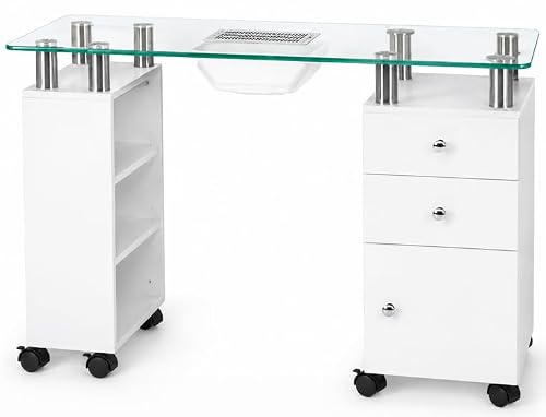 Maniküretisch mit Gehärtetem Glas, Eingebauter Staubabsaugung, Schubladen und Rollen, 110x43x75 cm, Weiß
