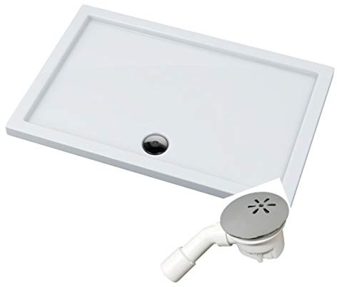 VBChome Duschwanne 80x100x5 cm Duschtasse Rechteck für Duschkabine Styroporträger flach Sanitär-Acryl Duschbecken stabil glatt weiß Dusche+ Ablaufgarnitur Viega Tempoplex