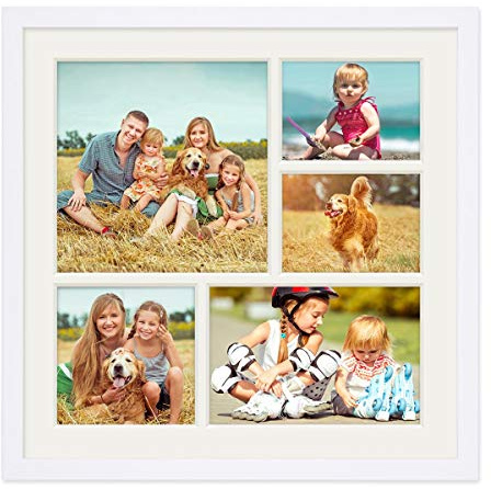 PHOTOLINI Bilderrahmen für 30x30 Weiss Holz aus MDF, Fotorahmen quadratisch mit Passepartout für 5 Bilder, bruchsicheres Acrylglas, 30 x 30 zum Aufhängen, Zubehör - Rahmen 30x30 für Fotos & Poster