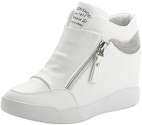 rismart Damen Keilabsatz Plateau Freizeitschuhe Mode Sneaker SN15018 (Weiß,38 EU)