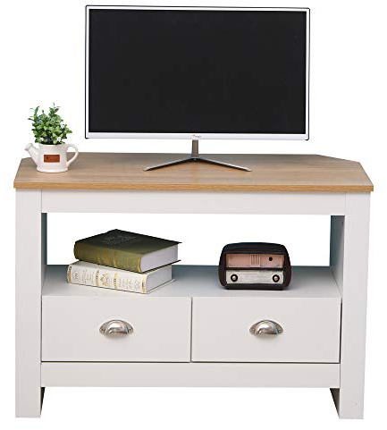 CFDZ CF Furniture Corner 2 Drawers TV Unit with Shelf,TV Cabinet Storage Living Room White,Entertainment Small Sideboard for TV Modern Style- White+Oak,85x39x58cm/33.46x15.35x22.83inch