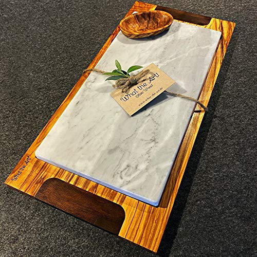 What the Art!® Olive Wood «Pietra» XL | Tabla de cortar de madera de olivo con tabla de mármol + cuenco + regalo | 45 x 21 x 3 cm