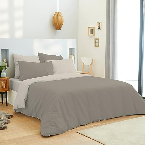 UNIVERSDECOR - Pack Complet 6 pièces Bicolore réversible Housse de Couette 240 x 220 cm pour lit 140 x 190 cm 100% Coton / 57 Fils/cm² (Taupe/Lin, Housse de Couette 220 x 240 cm lit 140 x 190 cm)