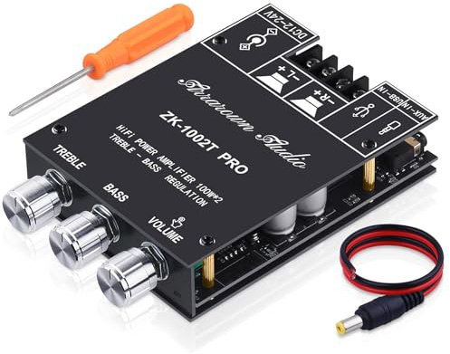 ARRAROWN ZK-1002T RPO 2.0 Channel Bluetooth 5.0 Amplifier Board 200W HiFi Subwoofer Audio AMP with Treble and Bass, BT USB and AUX Inputs, DC 12-24V 2.0 Channel Stereo AMP Module for DIY Speakers