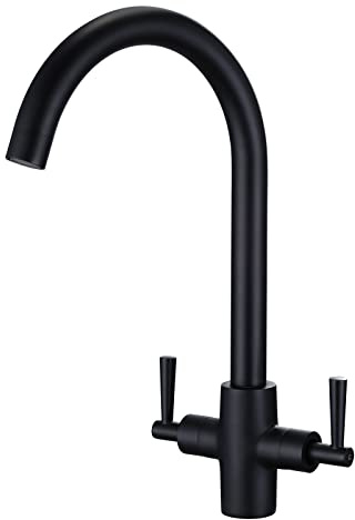 Peppermint Matt Black Kitchen Taps Dual Lever Monobloc 360° Swivel Spout | Rustproof Brass, Kitchen Sink Mixer Tap for Modern Handleless Minimalist Style, Easy to Install with UK Standard Fittings