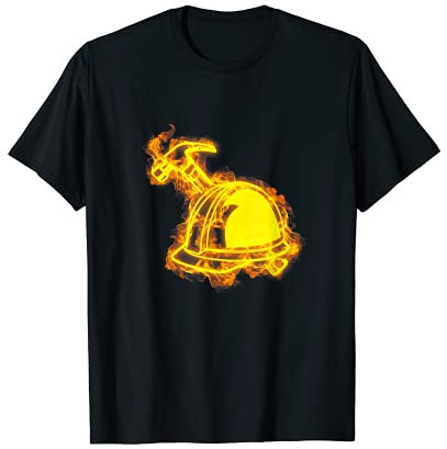 Feuer Bauarbeiter Helm Und Hammer Flammen Bauarbeiter T-Shirt