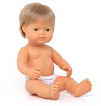 Miniland Dolls: europäische Babypuppe Junge mit dunkelblondem Haar, 38cm, aus weichem Vinyl, in transparenter Tüte. (31229)
