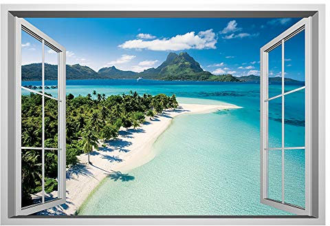Lichi Adesivo da parete 3D finta finestra con vista panoramica di spiaggia dell'isola murale decalcomania per decorazione domestica