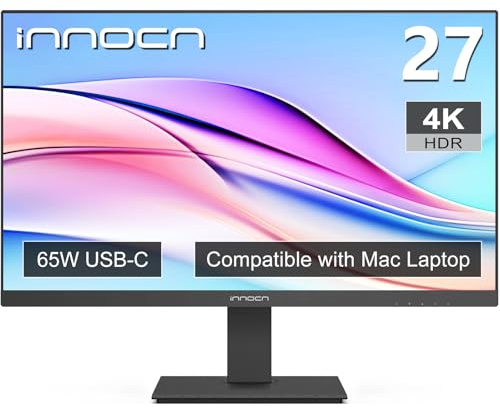 INNOCN 27 Inch 4K UHD 3840x2160 LCD IPS HDR400 Monitor, USB-C 65W, DP, HDMI, PC/Mac Compatible with Built-in Speakers, Pivot/Height Adjustable Stand, Black
