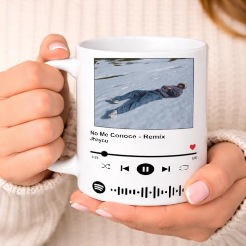 C&P Taza personalizada con foto y texto ENUNCIADO, pasar el enlace de la cancion. 350 ML en color Blanco brillo