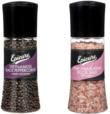Epicure Pink Himalayan Rock Salt, 320 g & Epicure Vietnamese Black Peppercorns, 145 g Freshly Ground Seasoning Grinders