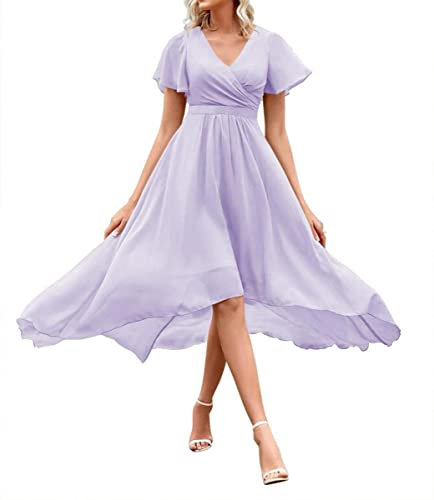 WSEYU Robe de demoiselle d'honneur courte à col en V en mousseline de soie plissée avec poches, lilas, 36