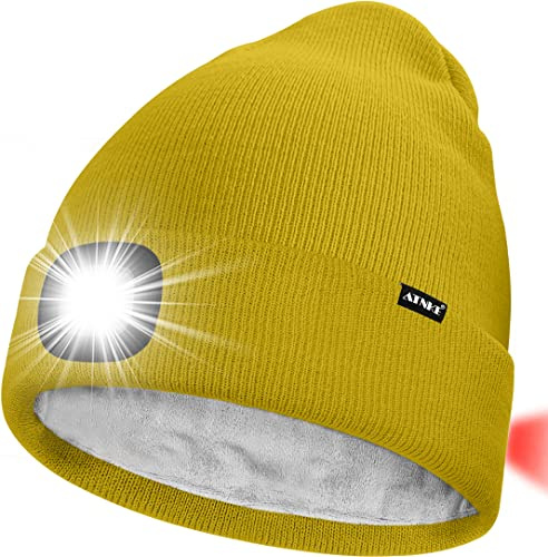 ATNKE Unisex 8 LED Mütze mit Licht,Wiederaufladbare USB Rot Blinkendes Alarm Rücklicht Laufmütze Lampe Winter Warme Gefüttertes Fleece Stricken Mütze für Herren und Damen Geschenke/Yellow