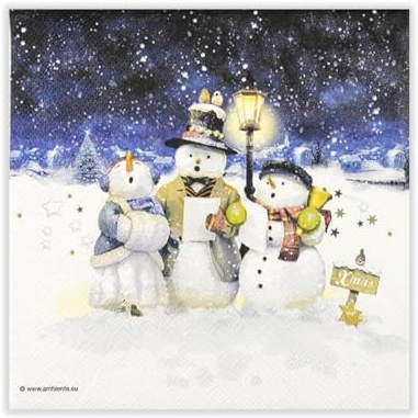 20 Servietten Weihnachten Singende Schneemänner am Abend als Tischdeko. Papierservietten mit Motiv. Auch für Decoupage und Serviettentechnik 33x33cm