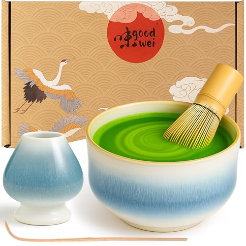 Goodwei Matcha Set komplett mit Matchabesen, Matcha Löffel und Matcha Schale aus Keramik mit Besenhalter im passenden Design | Kunstvoll gefertigte Teeschale Chawan (Rindō, 80)