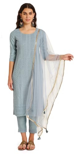 SHOPPING QUEEN Damen Seide Chikankari Kurta Hose Set mit Dupatta, Himmelblau, XL