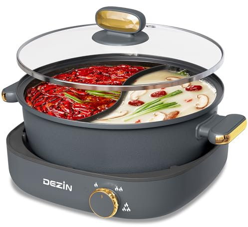 Dezin Hot Pot Electric with Divider, 4L Electric Shabu Shabu with Dual-Flavor Pot,3.7 Depth Nonstick Dual Side with Multi-Power Control for Party, Family and Friend Gathering