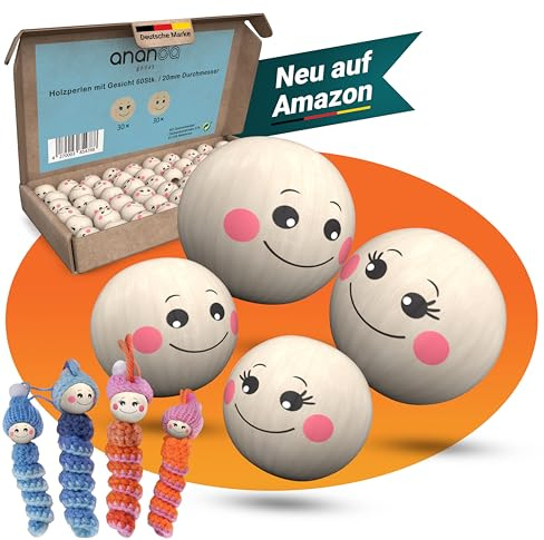 Ananda Goods 60 Holzperlen mit Gesicht – 20mm Kugeln mit weiblichen & männlichen Motiven – ideal zum Basteln von Sorgenwürmchen, Glücksbringern, Schlüsselanhängern & DIY-Kinderprojekten
