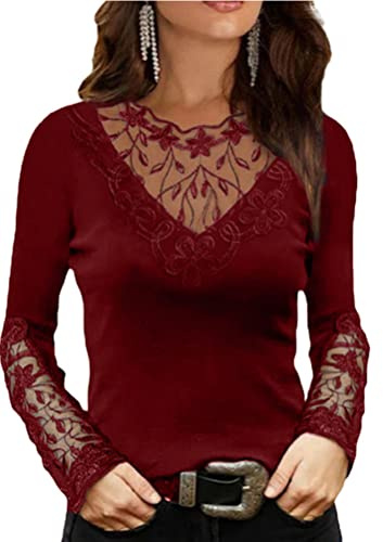 Onsoyours Chemisier Sexy Femme Hauts en Tulle À Manches Longues Transparentes T-Shirt Dentelle Col V Mode Chic Blouse Tops Automne Tunique Pullover