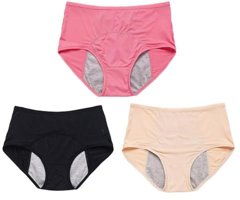 CTDWNT Ropa interior de incontinencia para mujer, ropa interior de algodón para período, bragas a prueba de fugas de flujo pesado, bragas protectoras menstruales posparto, Negro+piel+rosa, XXXL