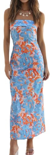 Realtix Summer Satin Strapless Backless Maxi Dress for Women Wedding Guest