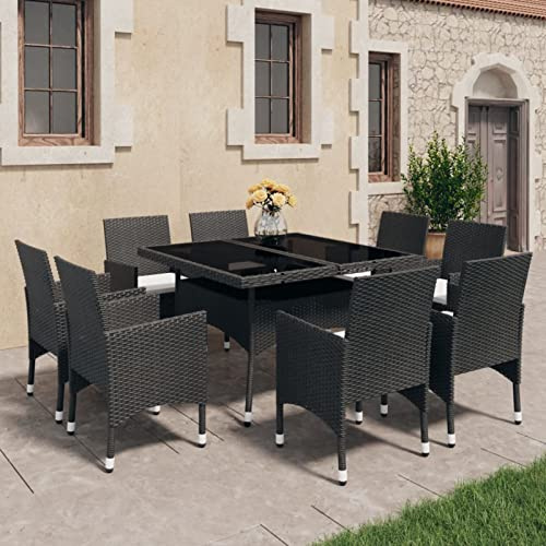 Gaseeto Sitzgruppe Garten Rattan Essgruppe 8 Personen Rattan Gartenmöbel Set mit 8 Gartenstuhl Gartenmöbel Essgruppe Gartengarnitur Rattan Sitzgarnitur Glas Schwarz Gartentisch Balkonmöbel Set