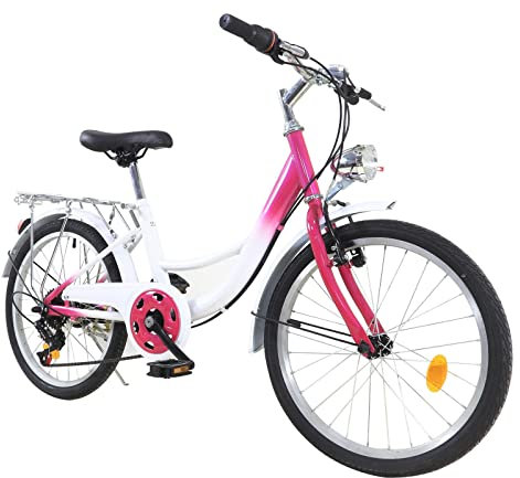 HANGKAI 20 Zoll Kinder Mädchen Fahrrad, 6-Gang Citybike, Rosa Kinderfahrrad, Urban Faltrad mit Licht