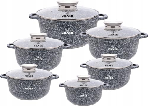 Lot de 6 Casseroles à Induction Avec Couvercles en Verre | Fonte d'Aluminium | Ø 16, 20, 22, 24, 28 cm | Sans PFOA et PFOS | Revêtement Antiadhésif en Granit Gris