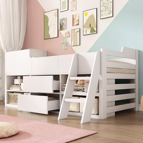 LTGB Bunk Bed for Kids, 3ft Single Children's Cabin Bed Mid Sleeper Bed Frame Storage Kids Wooden bed with Drawers Shelf Storage Low Sleeper Bed -(90 x 190 cm) Frame Only (White)