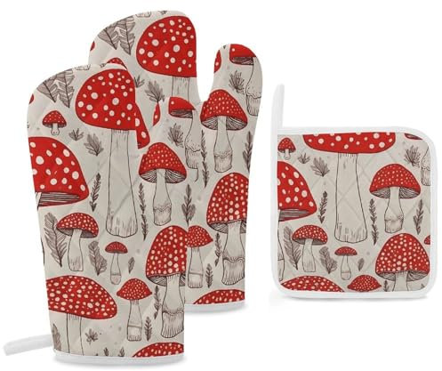 Ofenhandschuhe und Topflappen, 3-teiliges Set, Ofenhandschuh, rot, weiß, Pilz, Ofenhandschuh, hitzebeständig, Küche, Ofenhandschuhe zum Kochen, heiße Pads, rutschfeste Kochhandschuhe zum Backen,