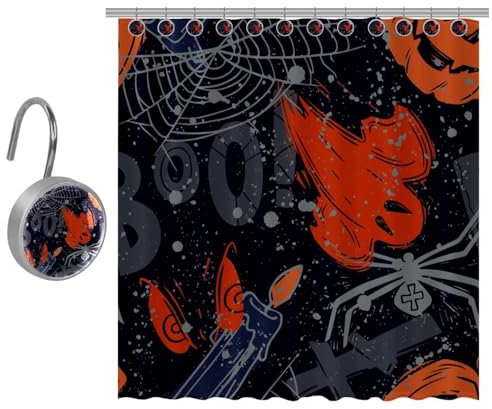 VAPOKF Halloween-Geisterkerzen-Spinnen- und Netzdruck-Duschvorhang, Polyester-Duschvorhang-Set mit 12 Edelstahl-Haken, rustikaler Bauernhaus-Badezimmer-Duschvorhang, 182 x 182 cm