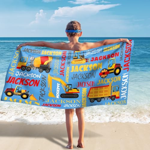 Jodimitty Strandtuch für Jungen Technik Fahrzeug Personalisiertes Name Mikrofaser Wasserabsorbierend Sandfrei Strandhandtuch Personalisiertes Geschenk für Jungen Männer, 120/152/180cm