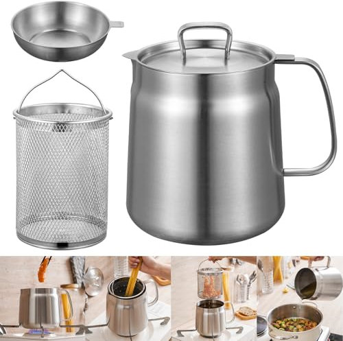 NZZVNZ Pots de Filtre à Huile en Acier Inoxydable, 2L Bidon de Graisse avec Filtre à Mailles Couvercle Anti-poussière et Panier pour Stocker l’huile de Friture