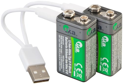 tka Köbele Akkutechnik 9V Akku: 2er-Set Li-Ion-Akkus Typ 9-V-Block mit USB-C, 340 mAh, 3.060 mWh (9V Block, Lithium Batterie, Accu)