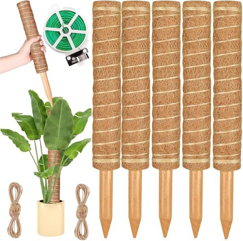 Supporto per Piante in Muschio da 40 cm, 5 Pezzi Supporto per Piante Monstera Palo di Muschio in Fibra di Cocco Bastoncini Rampicanti Impilabili per Piante Rampicanti da Interno, Edera Pothos