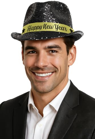 FIESTAS GUIRCA | Gorro Gangster Happy New Year con Lentejuelas (Talla Única Adulto) - Sombrero de Fiesta para Celebraciones de Año Nuevo y Navidad - Accesorio de Disfraz para Fiestas y Eventos - Negro
