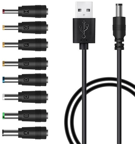 USB to DC Cable,1m Universal 5V USB Power Chager Cord DC 5.5 X 2.1mm Plug Adapter with 3.5x1.35mm, 4.0x1.7mm, 4.8x1.7mm, 5.5x2.5mm, 5.5x1.7mm ,5.5x2.1mm, 6.3x3mm,6.4x4.4mm Connectors (Black, 100cm)