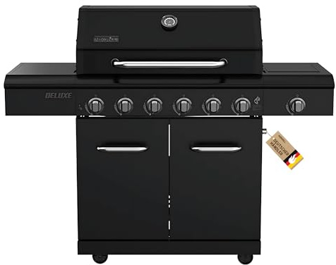 Nexgrill Deluxe 6+1 Brenner Gasgrill matt schwarz – Grill Gas mit Seitenkochfeld, porzellanbeschichteten Gusseisenrosten, Edelstahlbrennern, Ideal für Gartenpartys & Outdoor BBQ