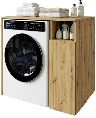 CraftPAK Waschmaschinenschrank geeignet für Waschmaschine & Wäschetrockner mit Staufächern, Waschmaschinenschrank Überbauschrank Braun