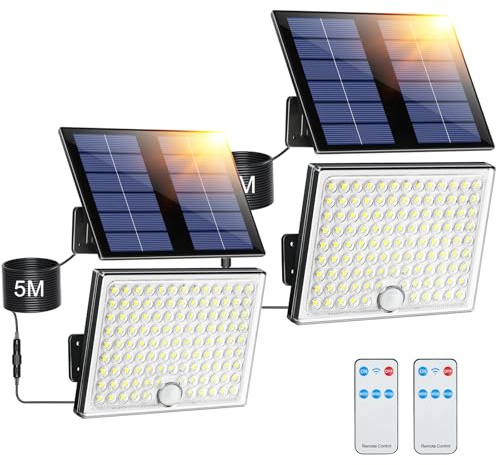 Giliwosy Focos Led Exterior Solares, Luz Solar Exterior con Sensor de Movimiento con Control Remoto, 2000mAh Batería Recargable, 4 Modes, IP65 Impermeable, Cable de 5M, Luces Led para Jardín, 2 Piezas