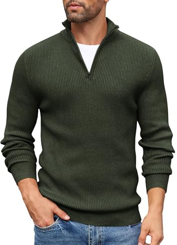 COOFANDY Herrtröja med kvartsblixtlås, stickad polotröja, långärmad, pullover, vintertröja, slim fit, pullover, Armégrönt, M