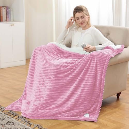 Coperta Riscaldante Elettrica con Spegnimento Automatico,180 x 135 cm,Timer 10 Ore e 6 Temperature,Rapido Riscaldamento,Flanella,Lavabile in Lavatrice,Coperta Termica per Letto, Casa e Ufficio-Rosa