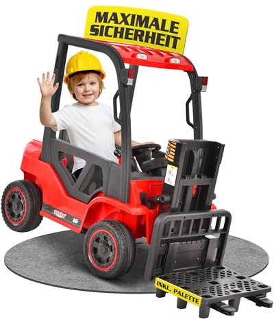 HECHT Kinder Elektro Gabelstapler 12V rot mit Fernbedienung | 2x40 W Motoren, ferngesteuertes Kinderfahrzeug ab 3 Jahre, bis 6 km/h, inkl. Palette und 35 kg Traglast