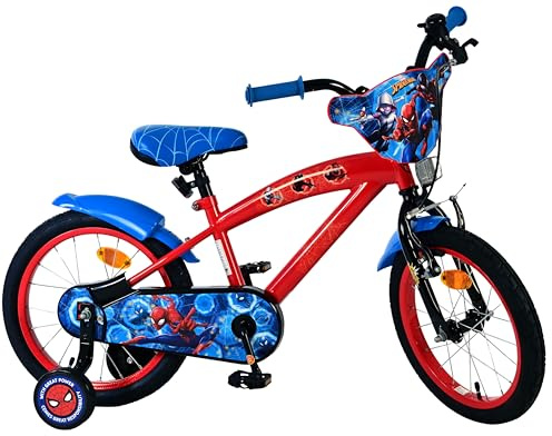 Volare Spider-Man Kinderfahrrad 16 Zoll | 4–6 Jahre | Hand- & Rücktrittbremse | Stützräder | Kettenschutz | Verstellbarer Sattel | Geschenk für Mädchen & Jungen