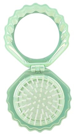 Mini spazzola per capelli, pieghevole, da viaggio, con specchio, dimensioni compatte, pettine massaggiante per capelli, set regalo per ragazze e donne (verde)