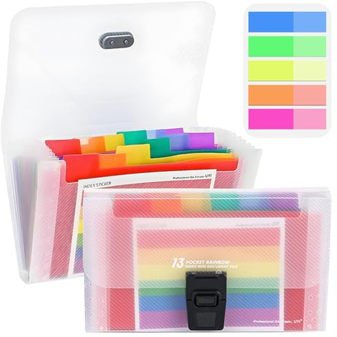 2 Stück Mappe mit Fächern- Dokumententasche A6 Plastik, für Quittungen, Kleindokumente, Karteikartenbox, Tickets, Münzen, Belege - Schule, Büro, Haushalt - inkl. 100 Etiketten